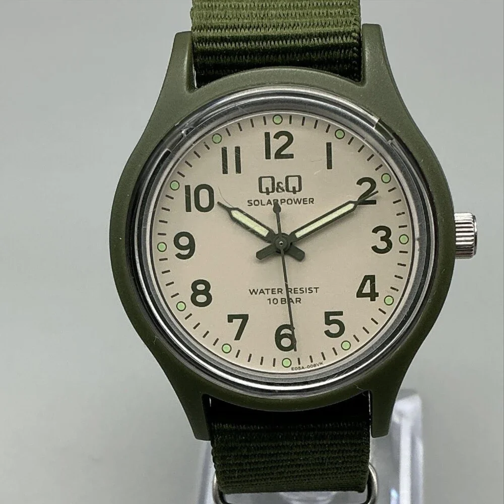 Q&Q Solar Power Mens Watch 37mm Cream Dial Green Case Green Nylon Strap